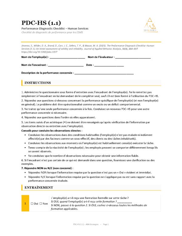 PDC-HS – Checklist de diagnostic de performance pour les ESMS
